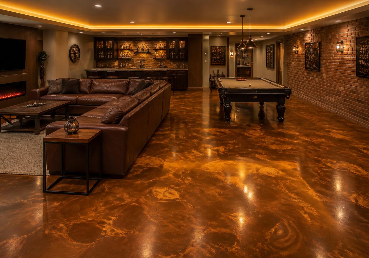 Copper Ember Lounge — Copper Flake Metallic in a finished basement