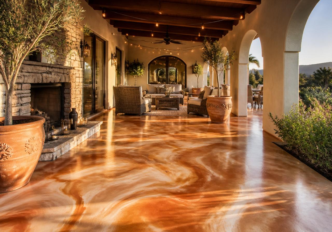 Tuscan Sunset Patio — Terracotta Swirl in a covered patio