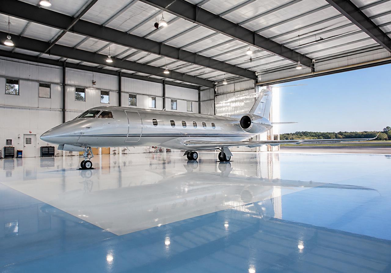 Alpine Jet Hangar — White & Ice Blue Metallic in a private hangar