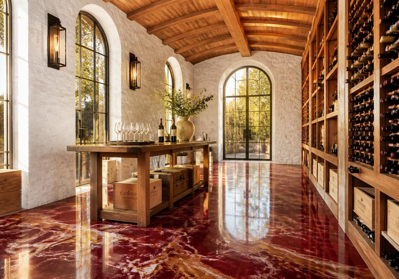 Bordeaux Cellar — Burgundy Metallic Swirl in a wine cellar