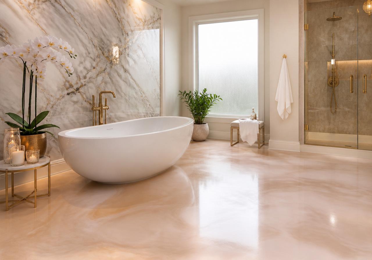 Rose Quartz Spa — Cream & Rose Gold Pearl in a primary bathroom