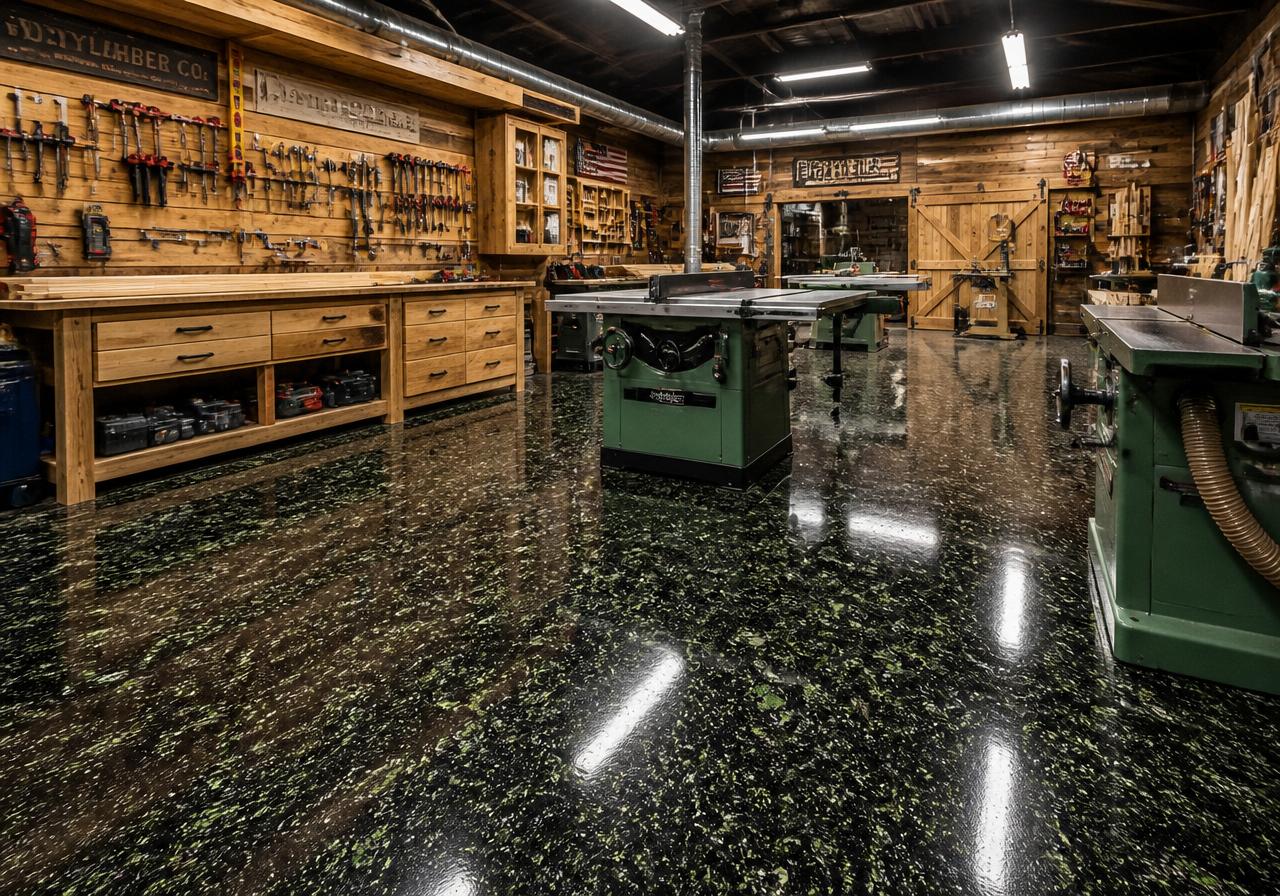 Emerald Forest Shop — Forest Green & Black Flake in a woodworking workshop